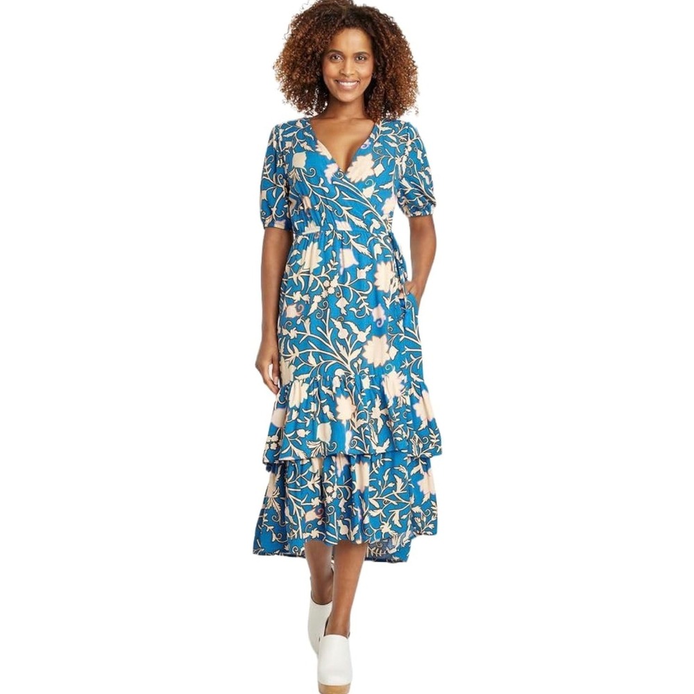 Knox‎ Rose Blue Floral Faux Wrap Midi Dress Tassel Boho Cottagecore XXL